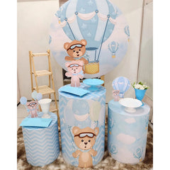 Lofaris Bule Hot Air Balloon Teddy Baby Shower Round Backdrop Kit