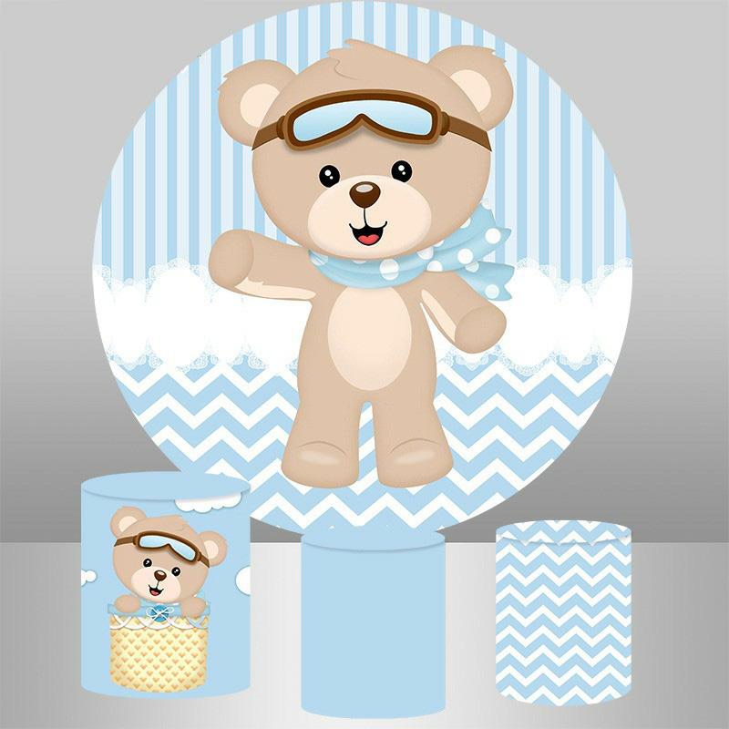 Lofaris Bule White Stripe Teddy Bear Circle Baby Shower Backdrop