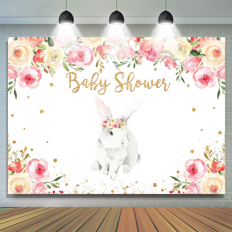 Lofaris Bunny And Pink With White Floral Baby Shower Backdrop