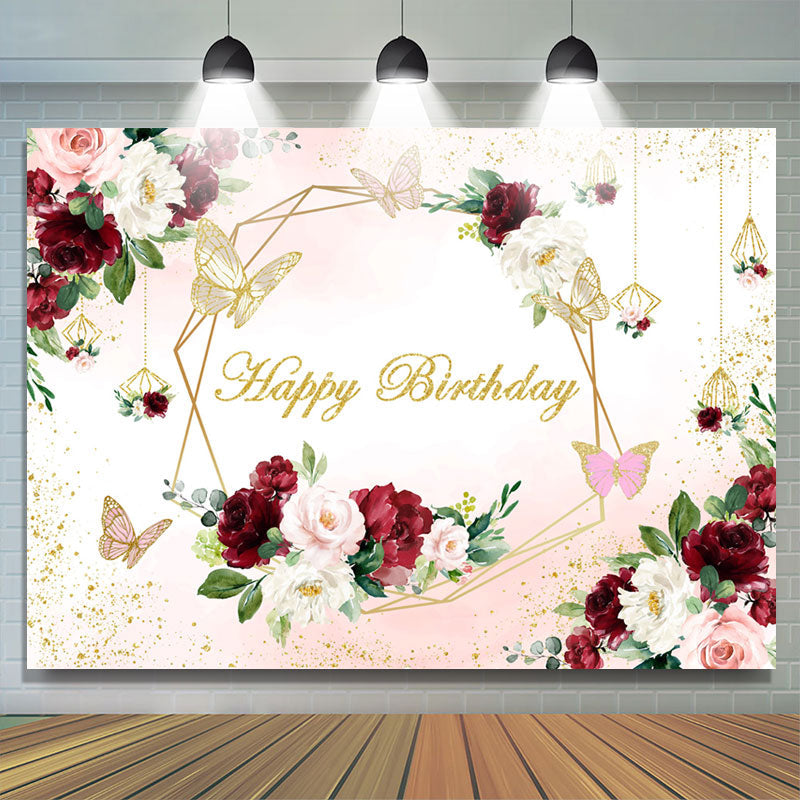 Lofaris Burgundy And Pink Flower Butterfly Birthday Backdrop