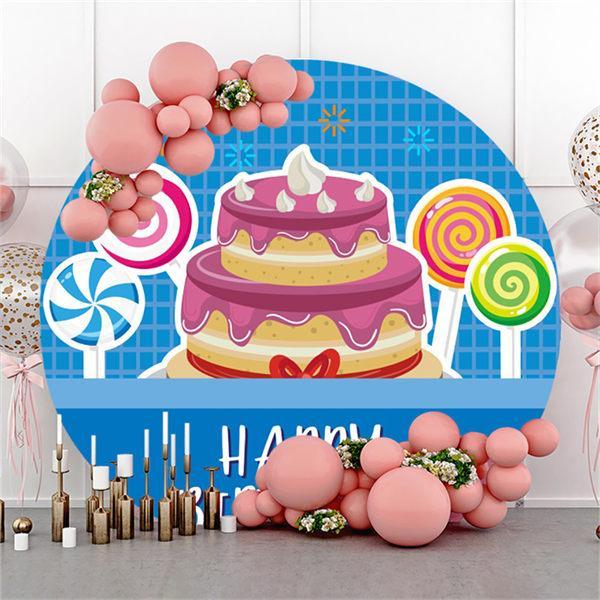 Lofaris Cake And Candy Blue Round Happy Birthday Party Backdrop