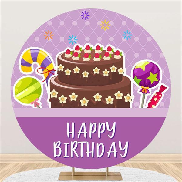 Lofaris Cake And Candy Purple Round Happy Birthday Backdrop