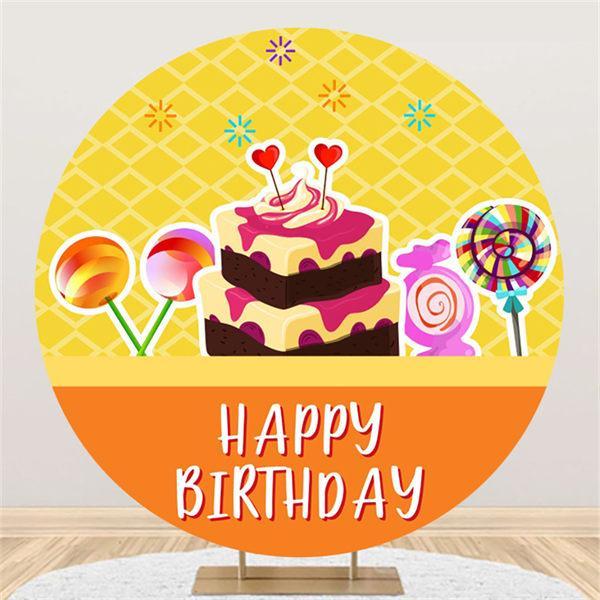 Lofaris Cake And Candy Yellow Round Happy Birthday Backdrop