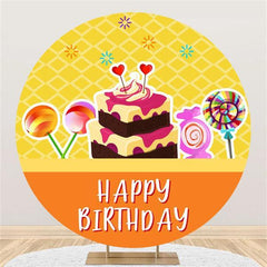 Lofaris Cake And Candy Yellow Round Happy Birthday Backdrop