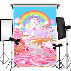 Lofaris Candyland Pink Castle Rainbow Happy Easter Backdrop