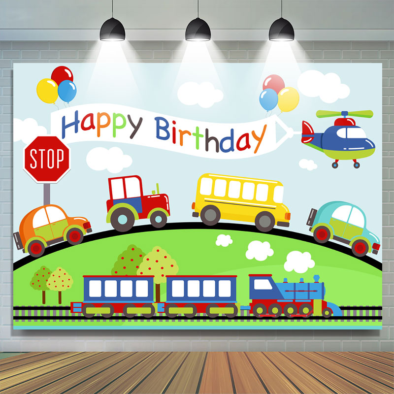 Lofaris Car Plane Train On The Way Happy Birthday Backdrop