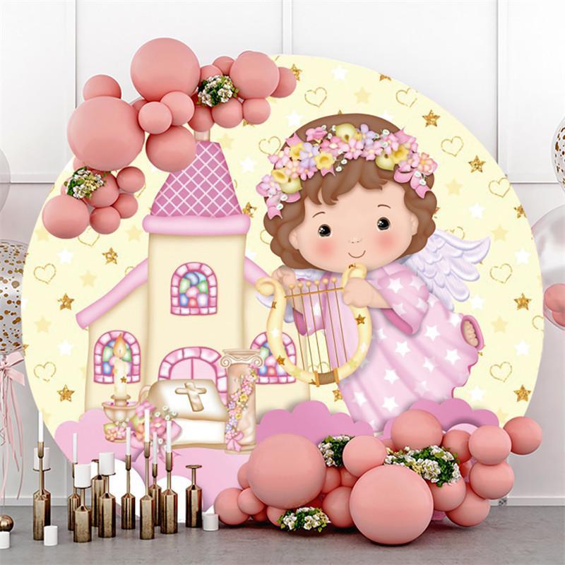 Lofaris Cartoon Angel Church Yellow Pink Round Party Backdrops