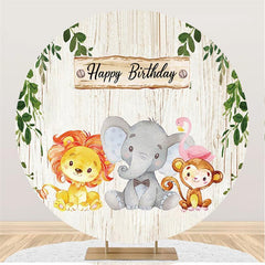 Lofaris Cartoon Animals And Wood Happy Birthday Round Backdrop