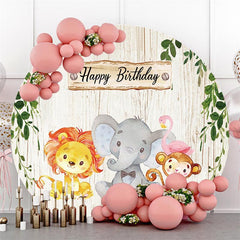 Lofaris Cartoon Animals And Wood Happy Birthday Round Backdrop