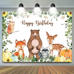 Lofaris Cartoon Animals Happy Birthday Green Leaves Pumpkin Backdrop