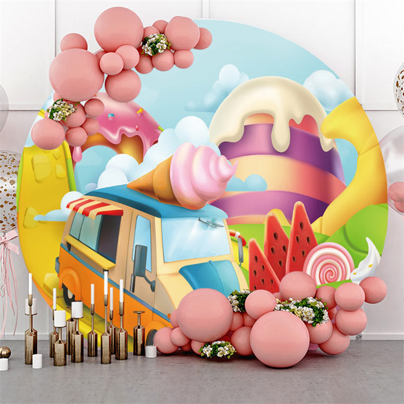 Lofaris Cartoon Car Ice Cream Happy Birthday Round Backdrop