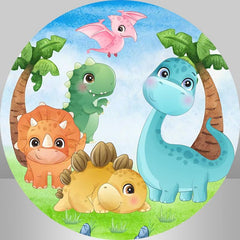 Lofaris Cartoon Dinosaur And Trees Round Baby Shower Backdrop