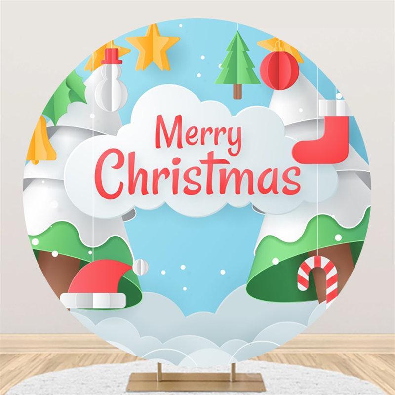 Lofaris Cartoon Merry Chrismas Tree Blue Custom Circlr Backdrop