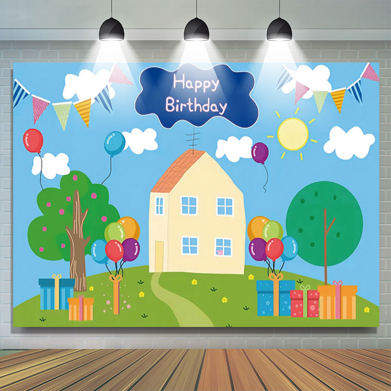 Lofaris Cartoon Pig House Balloons Kids Birthday Backdrop