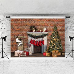 Lofaris Chrismas Tree And Stocking Reddish Brown Brick Backdrop