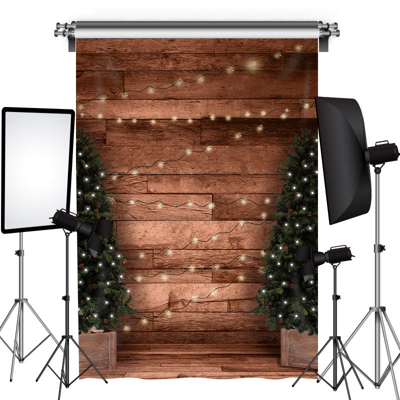 Lofaris Christmas Tree And Lights Wooden Brown Warm Theme Backdrop