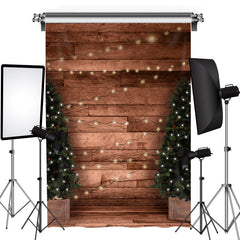 Lofaris Christmas Tree And Lights Wooden Brown Warm Theme Backdrop