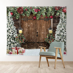 Lofaris Christmas Trees Gift Snowflake Wooden Door Backdrop