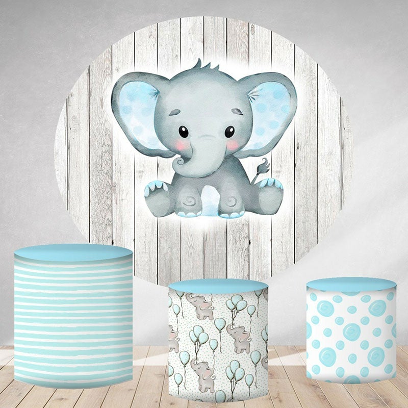 Lofaris Circle Blue Elephant Round Grey Wood Birthday Backdrop