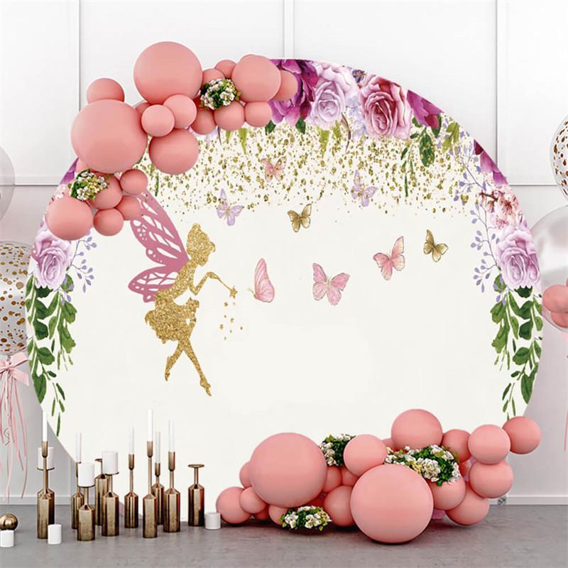 Lofaris Circle Butterfly And Flower Happy Birthday Backdrop