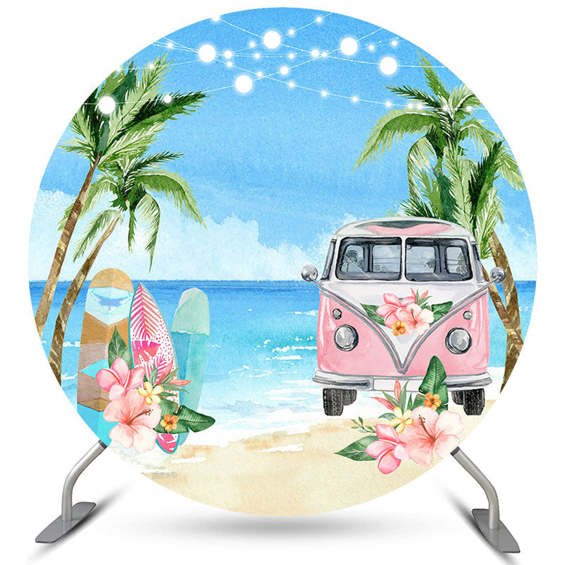 Lofaris Circle Floral Pink Bus Beach Happy Birthday Backdrop