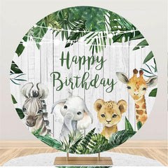 Lofaris Circle Green Leaves Animal Happy Birthday Backdrop