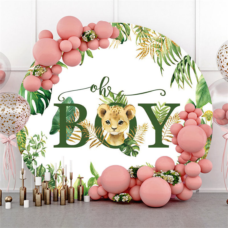 Lofaris Circle Green Leaves Glitter Lion Baby Shower Backdrop