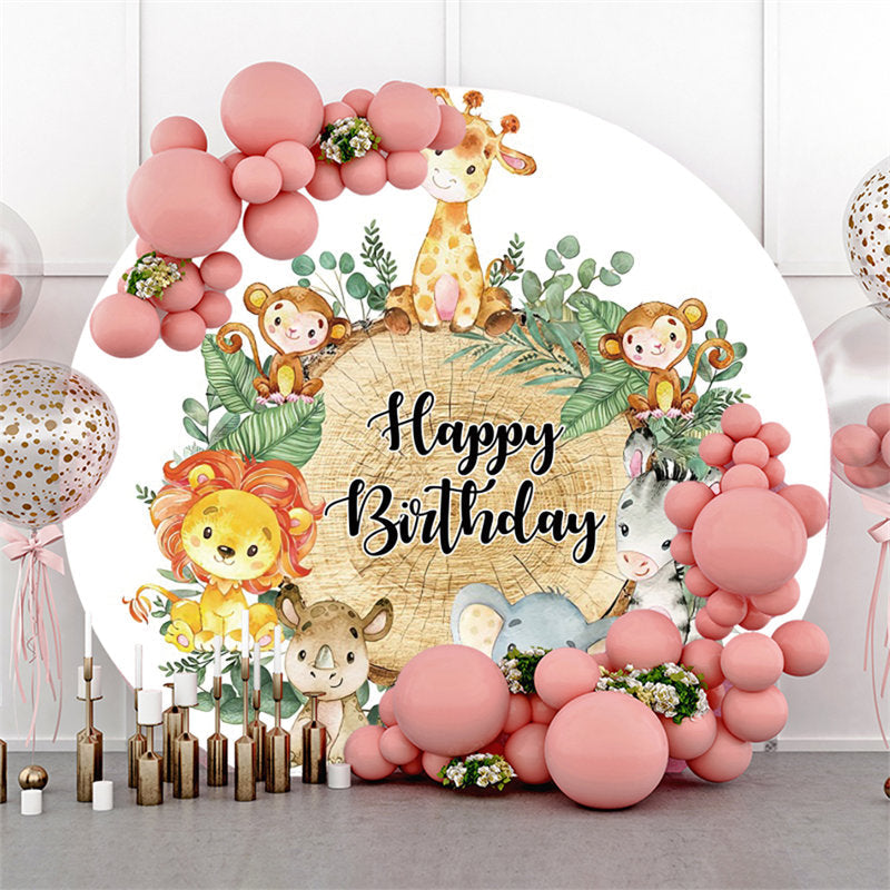 Lofaris Circle Jungle Animals And Trees Happy Birthday Backdrop