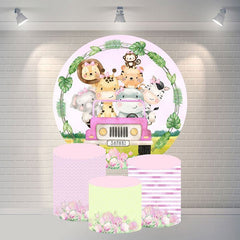 Lofaris Circle Pink Car And Animals Happy Birthday Backdrop