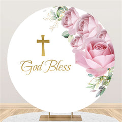 Lofaris Circle Pink Floral Round God Bless Baby Shower Backdrop