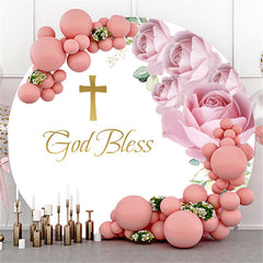 Lofaris Circle Pink Floral Round God Bless Baby Shower Backdrop