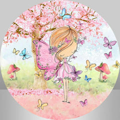 Lofaris Circle Pink Tree Butterfly Happy Birthday Backdrop