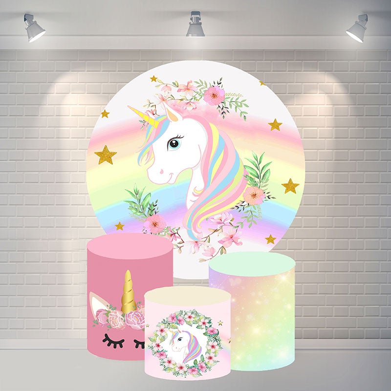 Lofaris Circle Rainbow Unicorn Flower Happy Birthday Backdrop