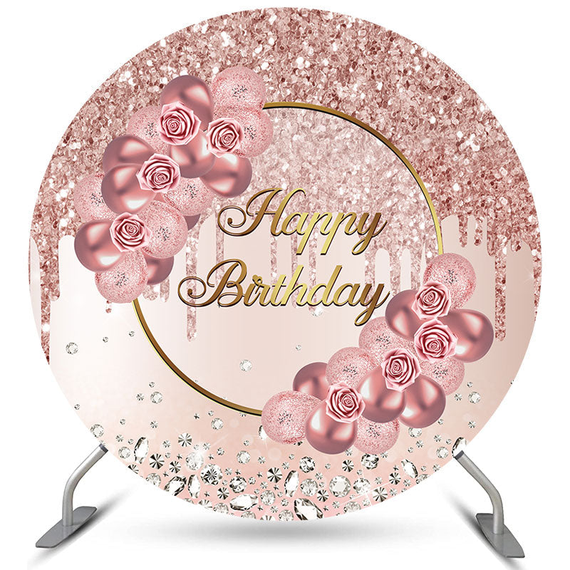 Lofaris Circle Rose Gold Pink Flower Happy Birthday Backdrop