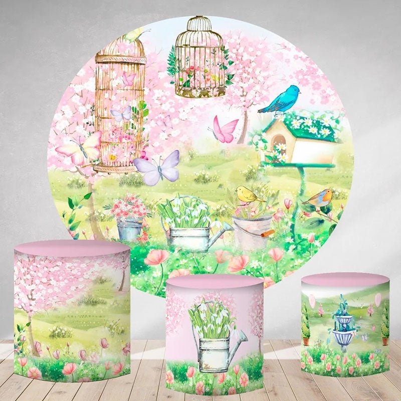 Lofaris Circle Spring Pink Floral Round Garden Birthday Backdrop