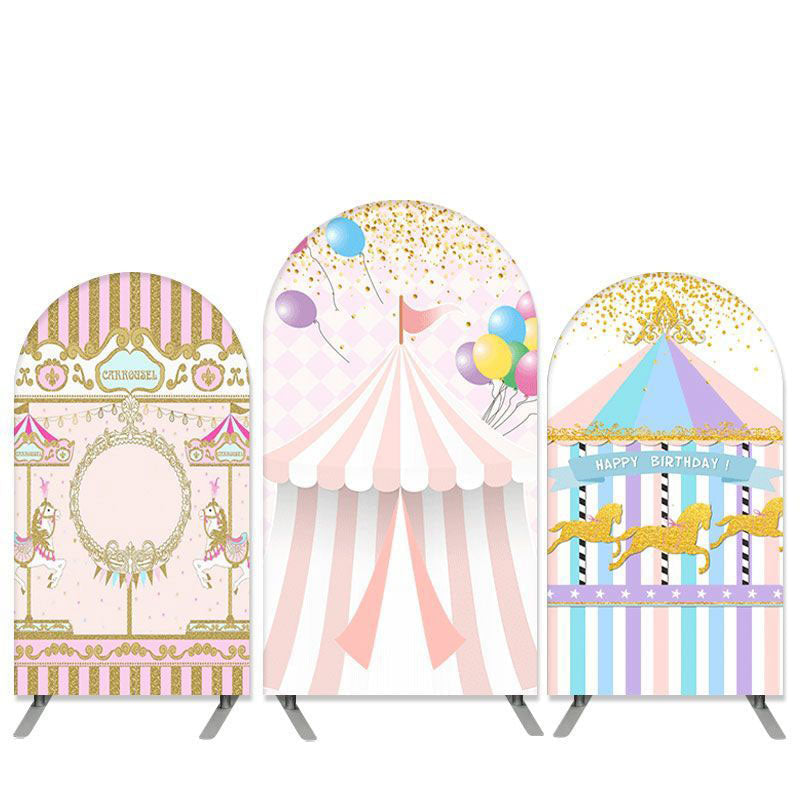 Lofaris Circus Theme Pink Carousel Birthday Arch Backdrop Kit