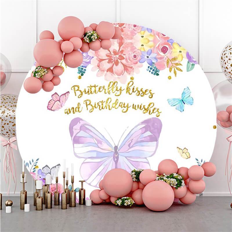 Lofaris Colored Flowers And Butterfly Circle Birthday Backdrop