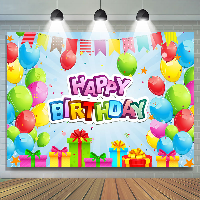 Lofaris Colorful Balloon And Gift With Flags Birthday Backdrop