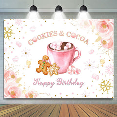 Lofaris Cookie and Cocoa Happy Birthday Pink Floral Backdrop for Party