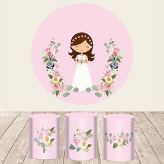 Lofaris Pink Floral With Happy Girl Wedding Round Backdrop Kit