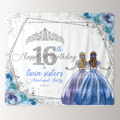 Lofaris Custom Blue Silver Glitter Twins 16th Birthday Backdrop
