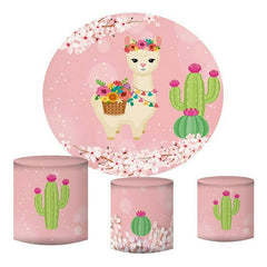 Lofaris Cute Alpaca And Cactus Round Pink Birthday Backdrop