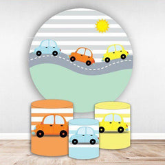 Lofaris Cute Cars Grey White Stripes Boy Round Backdrop Kit