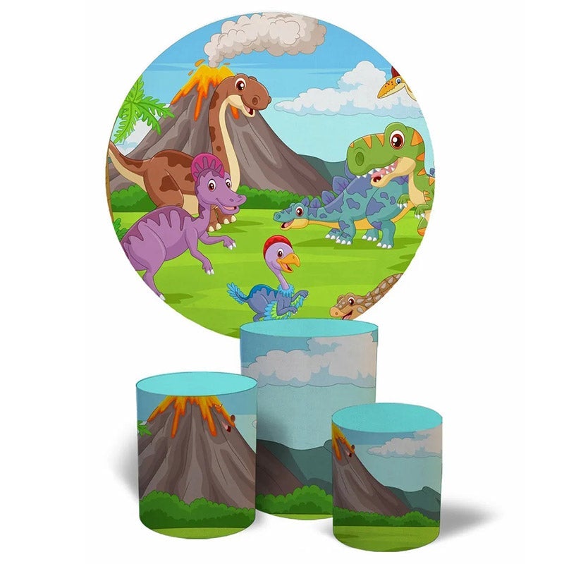 Lofaris Cute Cartoon Dinosaur Round Birthday Backdrop Kit For Boy