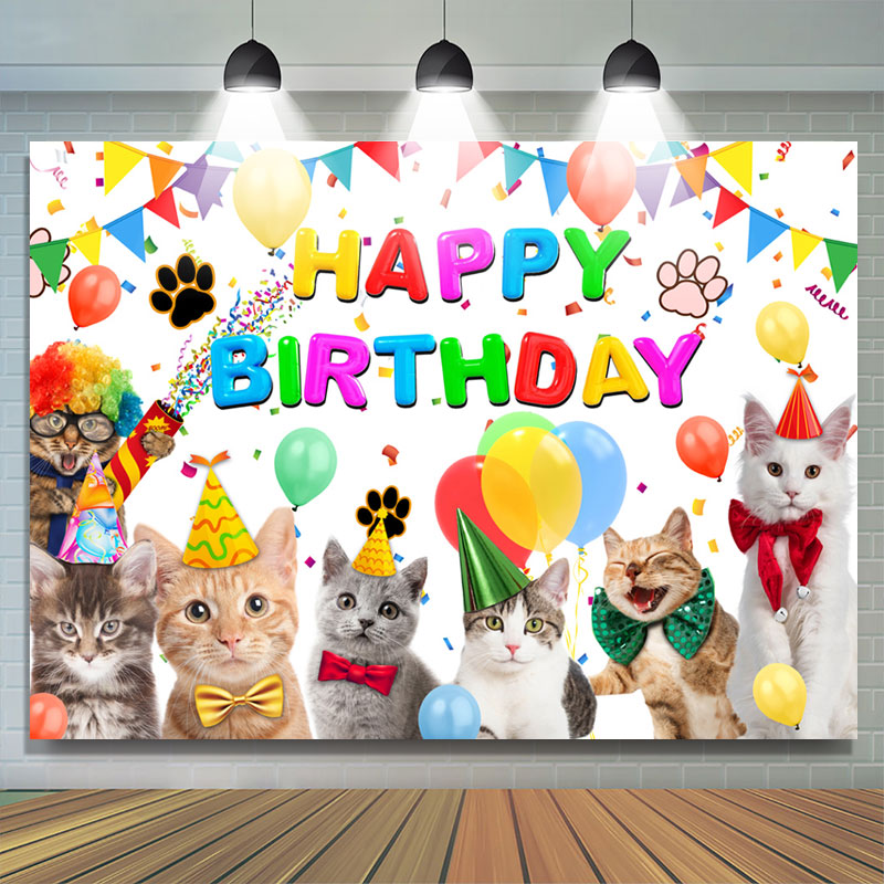 Lofaris Cute Cats And Balloons Flag Happy Birthday Backdrop