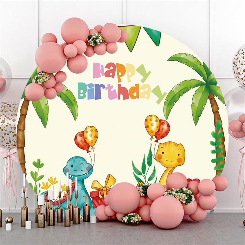 Lofaris Cute Dinosaur Balloons Circle Happy Birthday Backdrop