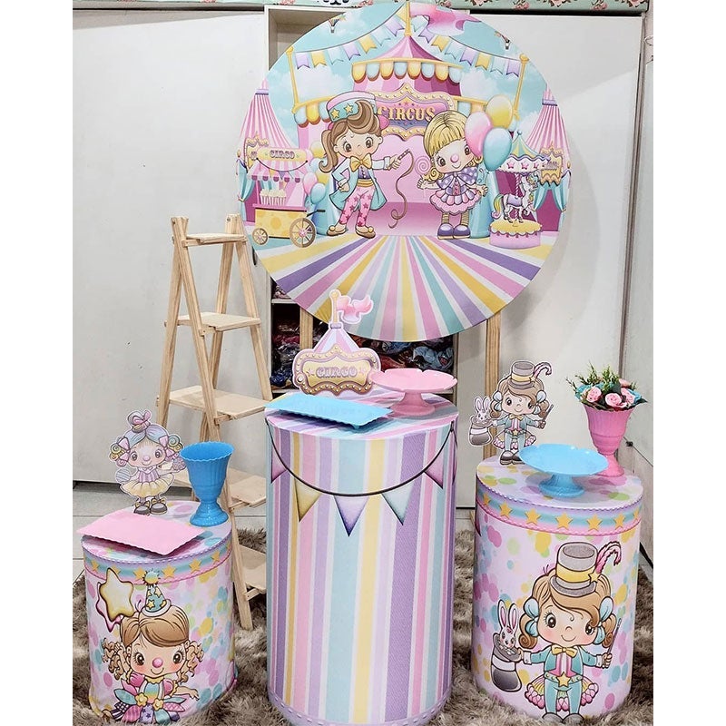 Lofaris Cute Girls And Ballons Round Circus Birthday Backdrop Kit