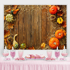 Lofaris Cute Pumpkins and Straw Wooden Floor Autumn Backdrop