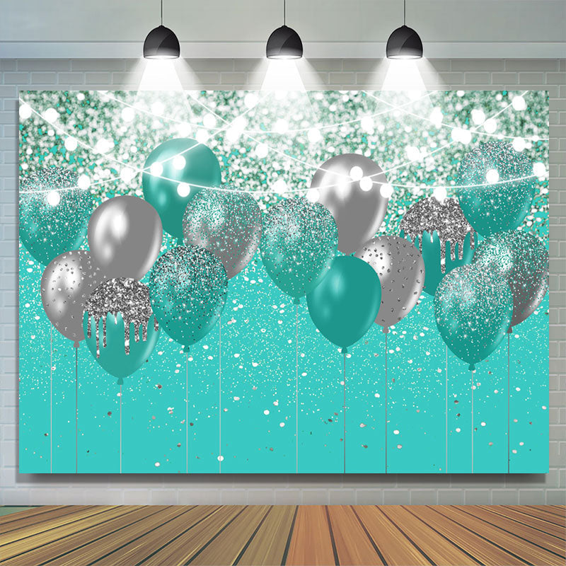 Lofaris Cyan And Silver Glitter Balloons Birthday Backdrop