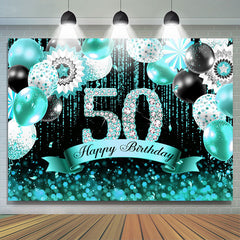 Lofaris Cyan Balloons Bokeh Glitter Happy 50th Birthday Backdrop